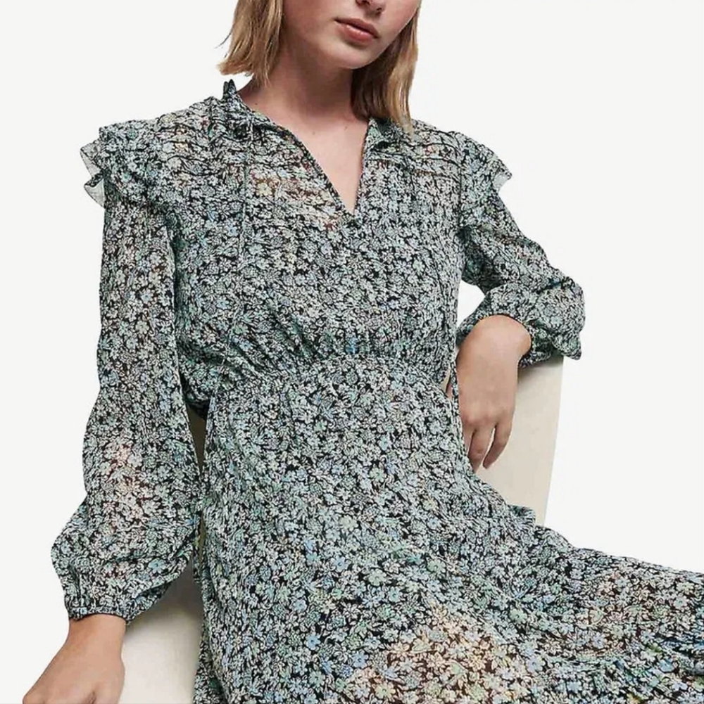 Maje Renaza Blue Floral V-Neck Tiered Maxi Dress, Size 42